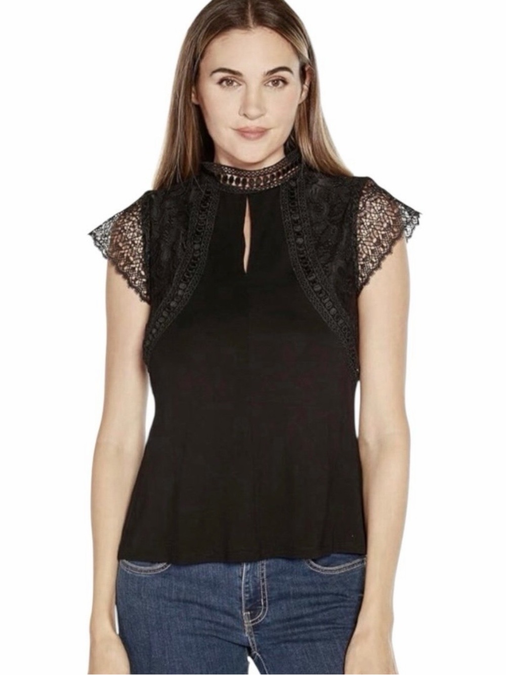 Belldini (M) Black Lace Yoke Cap-Sleeve Women's Top. Great Cond. Light!
